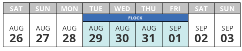 Calendar showing days of Flock - Tue Aug 29, Wed Aug 30, Thu Aug 31, Fri Sep 1