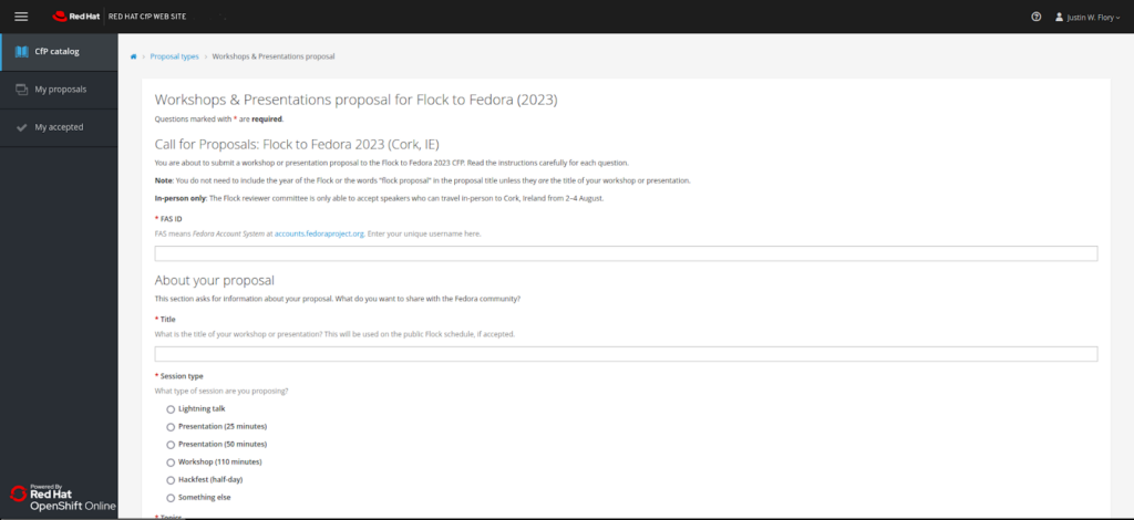 Screenshot of the "Workshops & Presentations proposal for Flock to Fedora (2023)" form page. Multiple questions that are used in the proposal form appear. This is the form used by a prospective applicant to make a submission to the Flock reviewer committee.