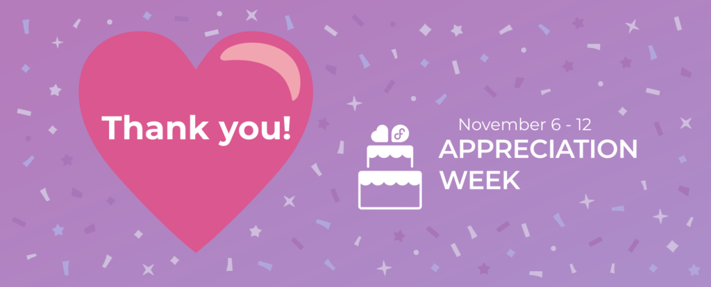 A purple background with a pink heart on the left. The heart has a text overlay that says "Thank you!" To the right of the heart, it says "Appreciation Week, 6-12 November".